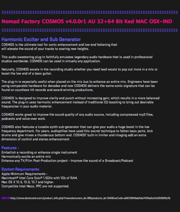 Nomad Factory COSMOS v4.0.0r1 AU 32+64 Bit Ked MAC OSX-IND screenshot Nomad Factory COSMOS v4.0.0r1 AU 32+64 Bit Ked MAC OSX-IND screenshot